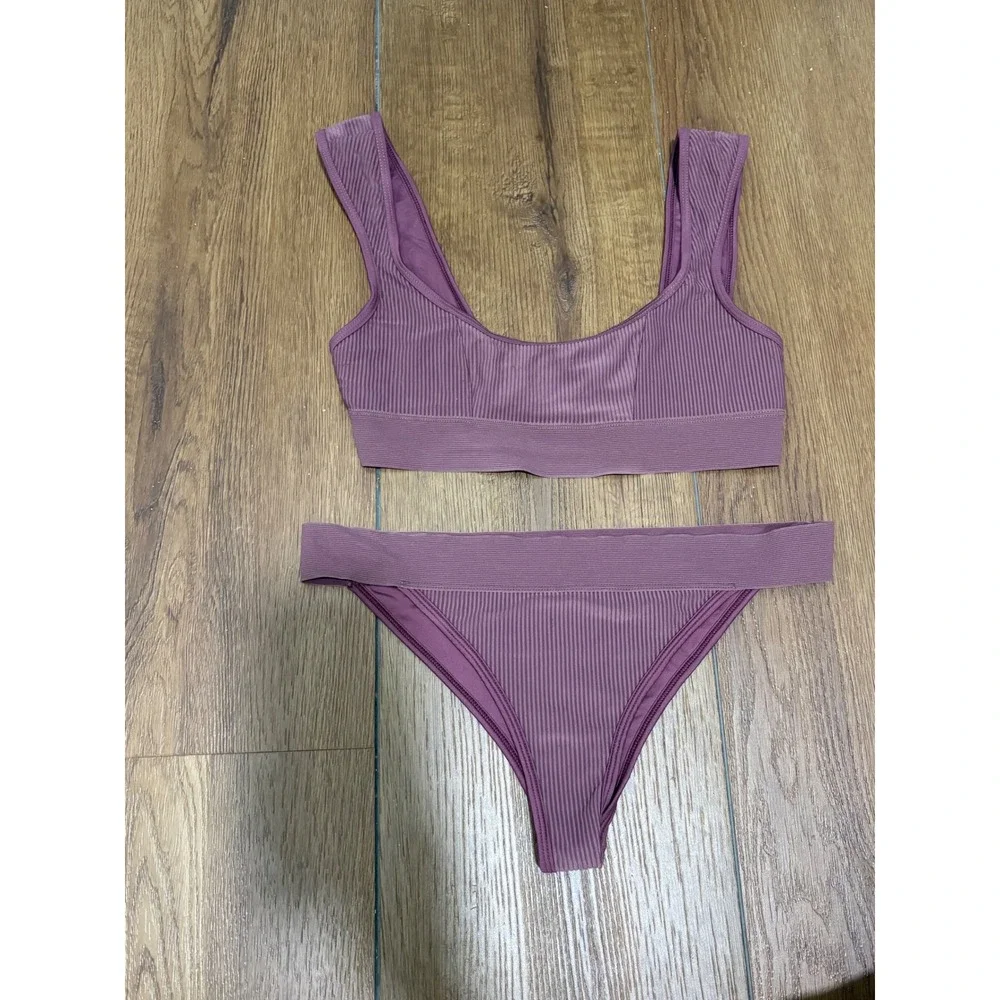 Frankies Bikinis Ribbed Mauve Bikini Set Top‎ & Bottom Size Small